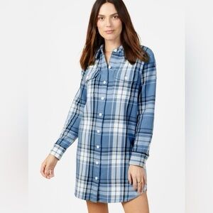 OUTERKNOWN Women's M Blanket Shirt Dress Organic Cotton Twill Blue White Plaid